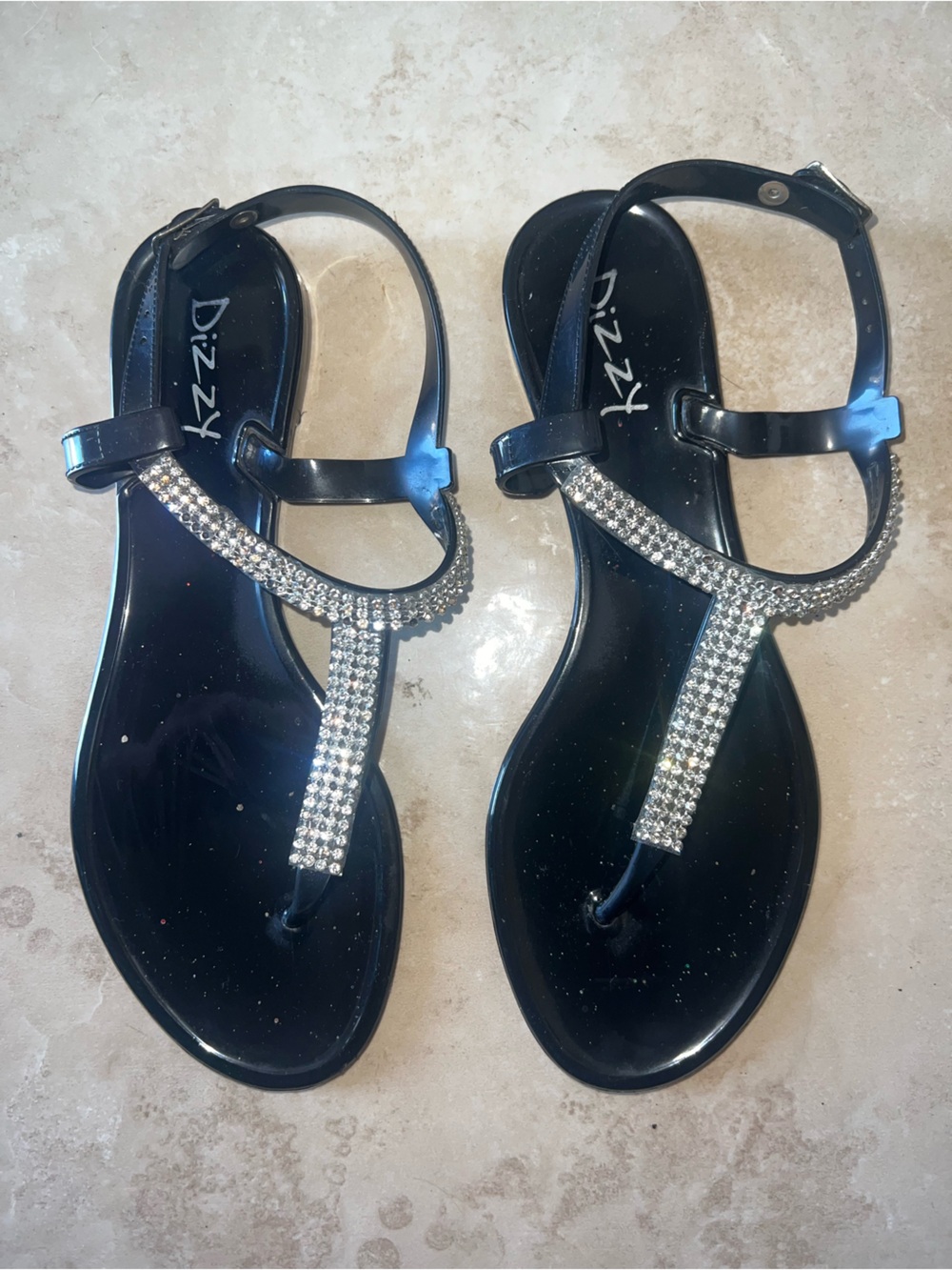 Dizzy Black Rhinestone T-Strap Jelly Sandals with Sparkle